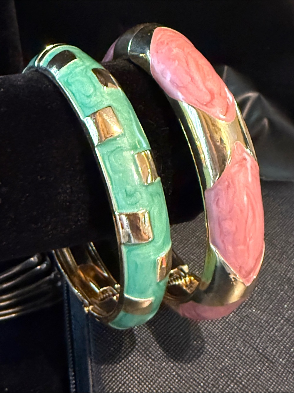 Gold-Tone Pink and Mint Enamel Hinged Bangle Set